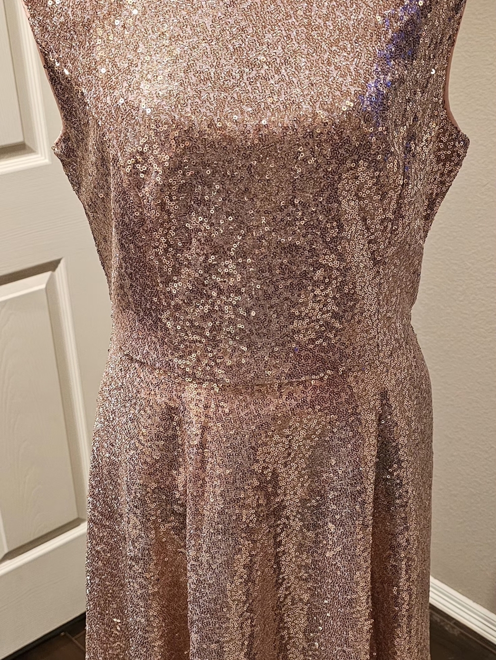 Sleeveless Rose Gold Sequin Midi Dress.